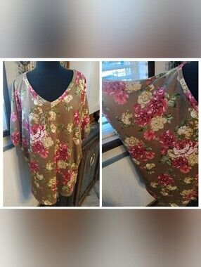 Floral V-Neck Tunic Top in Brown with Pink Roses